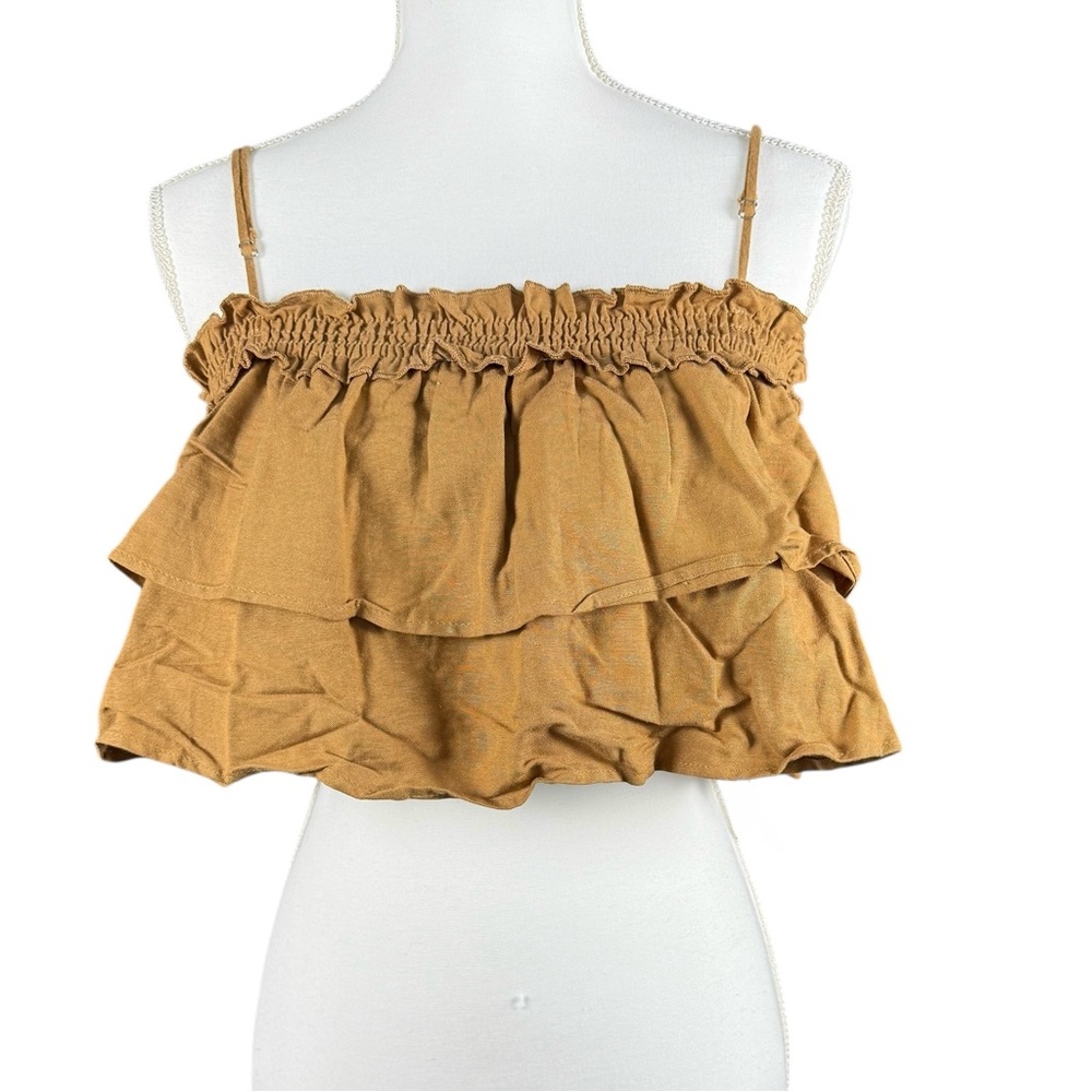 Crescent Camilla Ruffle Cami‎ Tank Top Tan Brown Square Neck Spaghetti Strap L